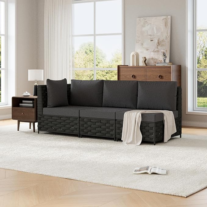 TWT 5-Piece Modular Outdoor Sectional Sofa Set, 5-Seater Woven Rope Patio Conversation Couch with Water-Resistant Cushions, for Backyard Balcony Deck, Dark Gray