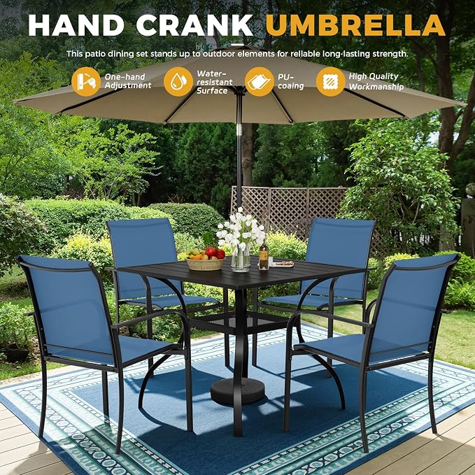 5-Piece Patio Dining Set with Umbrella,4 Person Outdoor Table and Chairs Set, 4 Metal Dining Chairs and Square Outdoor Table with 1.57" Umbrella Hole,Blue