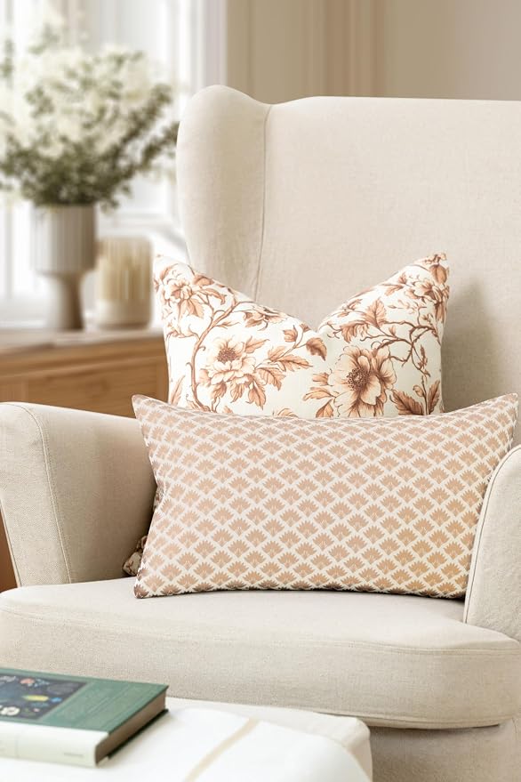 Modern Farmhouse California Casual Indoor Outdoor Lumbar Pillow Cover, 12"x20" Water Repellent for Patio, Backyard, Couch, Poolside, Ivory Cream Tan Print Ravenala Palm Tree