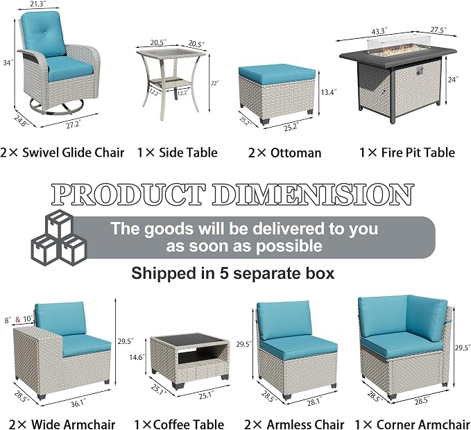 12-Piece Outdoor Patio Furniture Set with Fire Pit, Modular Sectional Sofa Set with Swivel Rocker Chairs & Ottomans, Wicker Outdoor Couch Conversation Sets w/Coffee Table and Cushions, Cyan