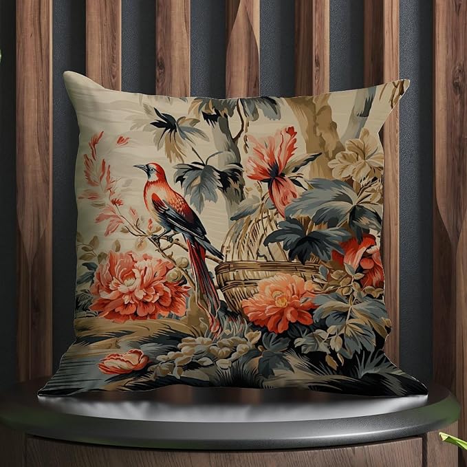 Moore Manor Antique Chinoiserie Pillowcase Vintage Boats and Flowers Cushion Cover 24x24 INClassic Accent Decorative Cushion Covers Home Decor for Living Bed Room Patio Home