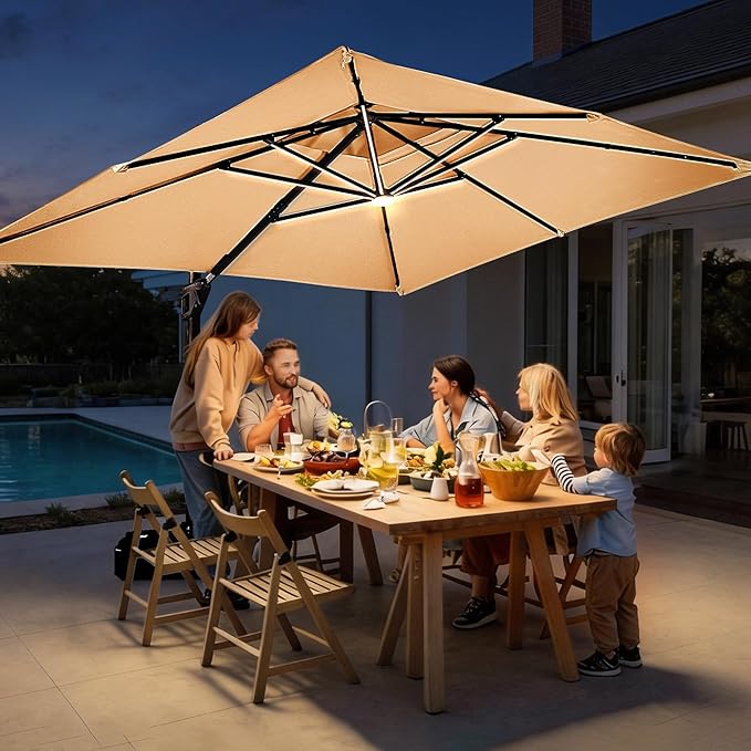 JZAC & QZYD 10X13 FT Outdoor Cantilever Patio Umbrella with Base Included and LED Lights, Large Heavy Duty 2-Tier Aluminum Offset Umbrellas with 360-Degree Rotation for Pool Deck, Beige