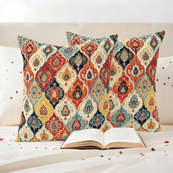 Bohemian Floral Outdoor Pillow Covers 26"x26" Set of 2, Moroccan Exotic Colored Floral Waterproof Throw Pillow Covers for Patio Furniture, Decorative Cushion Covers for Porch