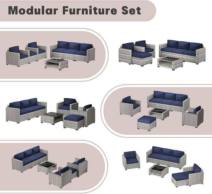 Patio Furniture Set, 7-Piece Outdoor Sectional Couch with Coffee Table & Thick Cushions, Outdoor Wicker Conversation Set for Backyard, Poolside, Garden (Grey White-Navy, 7 Piece-Double)