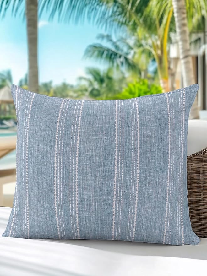 Waterproof Outdoor Pillow 1 Pack Haze Blue Linen Stripes Decorative Throw Pillows Cover & Insert 16x16 Inch Pillowcase Parallel Vertical Lines Pillows for Couch Sofa Bed Patio Furniture Indoor Outdoor