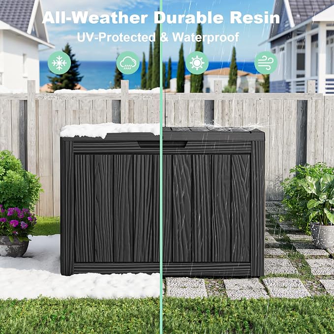 PatioZen 45 Gallon Resin Deck Box, Lockable Outdoor Storage Box for Patio Cushions Storage Furniture,Garden Tools, Pool Supplies, Weatherproof and UV Resistant (Black)