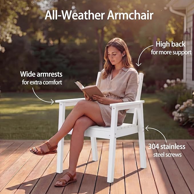 5-Piece Outdoor Dining Set, All-Weather HDPE Patio Furniture, 66.5" Slatted Table with 1.6" Umbrella Hole & 4 Ergonomic Armchairs, Heavy Duty 350lbs Capacity, UV Resistant, White