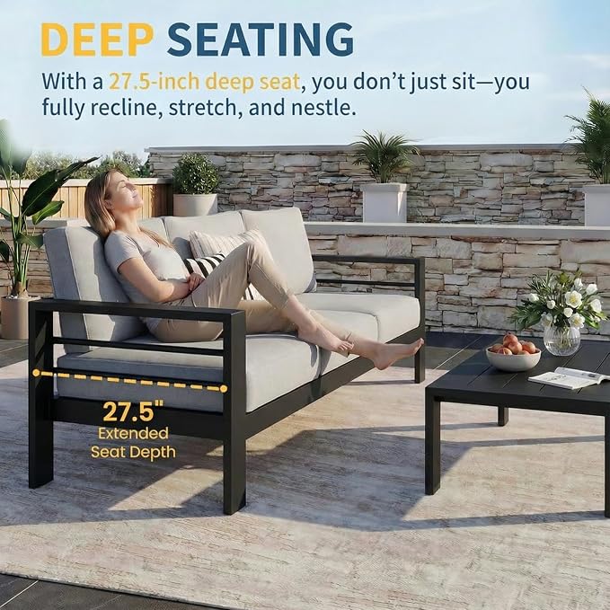 Solaste Aluminum Patio Furniture Set for All Weather, Oversized Metal Outdoor Furniture with 27.5" Deep Seating and 3.2" Wide Armrest, Patio Conversation Set with 10’’ Back Cushion, Black and Grey