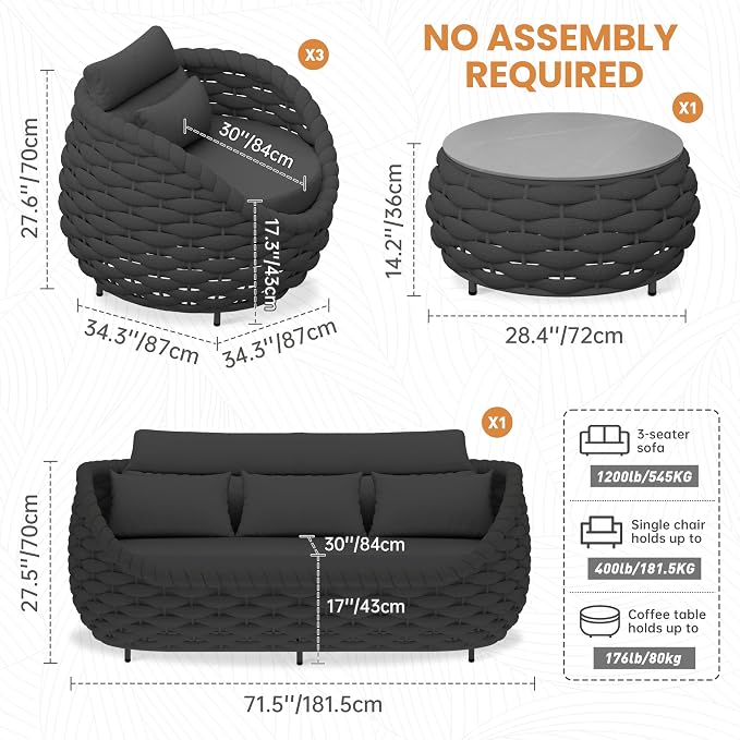 Aluminum Outdoor Patio Couch Set: 5 Pieces Woven Rope Porch Furniture Sofa Set - Metal Modern Deck Conversation Set - All Weather Assembled Courtyard Seating for Backyard Hotel Resort, Dark Grey