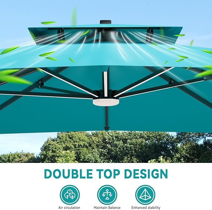 10x13 FT Cantilever Patio Umbrella with Led Lights Double Top Outdoor Rectangular Large Heavy Duty Aluminum Offset Umbrellas with 7 Level Tilt 360-degree Rotation for Pool Garden Deck, Turquoise