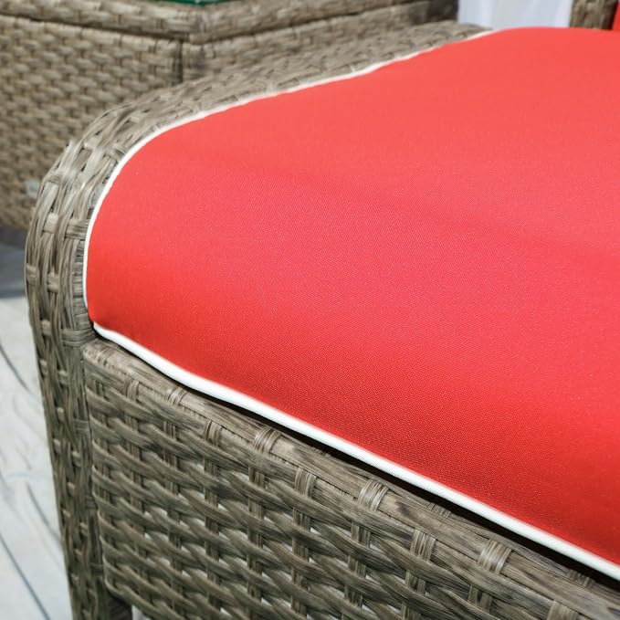 Outsunny 5 Pieces Rattan Wicker Lounge Chair Outdoor Patio Conversation Set with 2 Cushioned Chairs, 2 Ottomans and Tempered Glass Top Coffee Table, Brown/Red