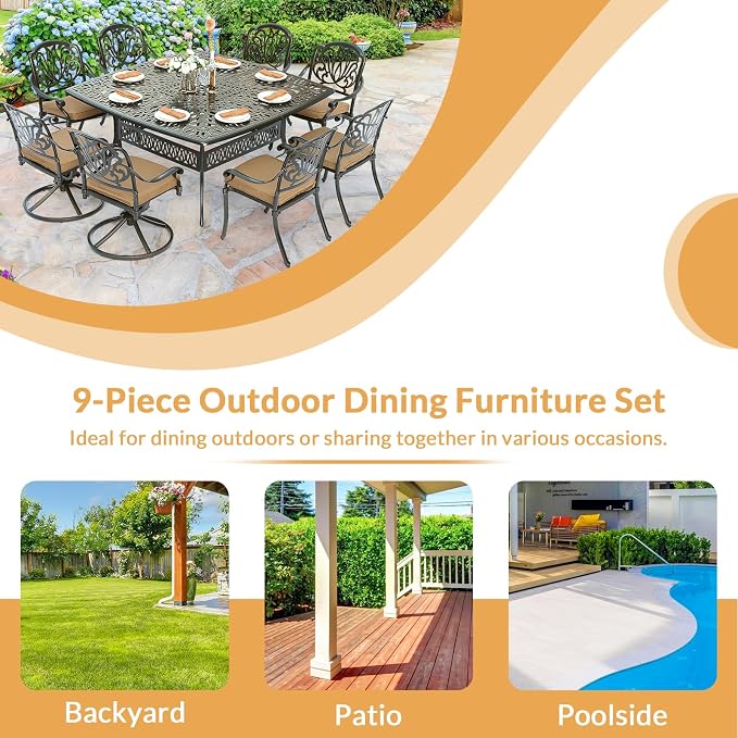 9 Piece Outdoor Patio Dining Set for 8, Cast Aluminium Large Square Dining Table & 2 Swivel Rocker Chairs, 6 Stationary, 8 Cushions, Umbrella Hole, Patio Furniture Set for Garden, Khaki