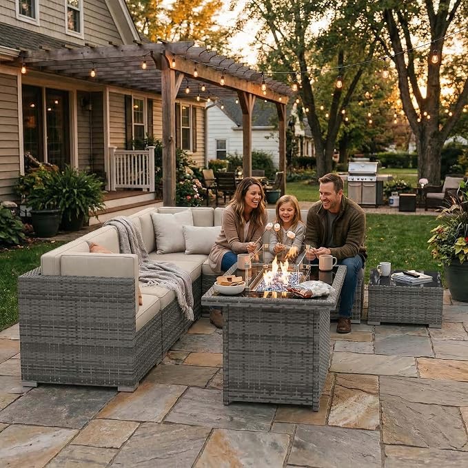 10 Pieces Patio Furniture Set with 44" Propane Gas Fire Pit Table, Outdoor Sectional Wicker Conversation Sofa Sets with Coffee Table