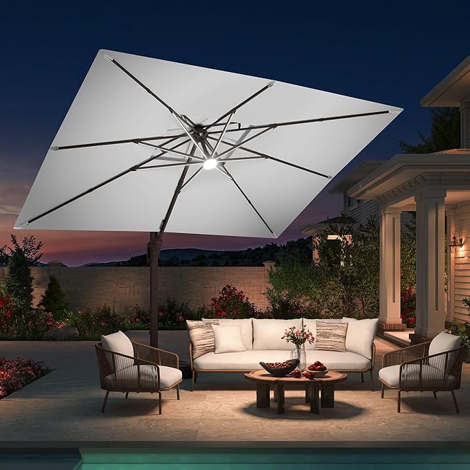 10 X 13 FT Cantilever Patio Umbrella with Led Lights Outdoor Rectangle Offset Large Double Top Heavy Duty Umbrellas with 360°Rotation for Pool Deck Backyard Garden, Fog Gray