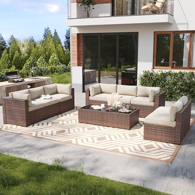 LazySunsets 10 Piece Outdoor Patio Furniture Set with Coffee Table, Outdoor Patio Furniture Sets with Thicken Cushion, Wicker Rattan Outdoor Conversation Set for Backyard & Garden, Beige