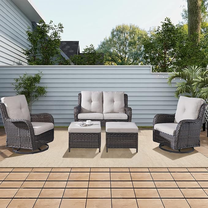 Rilyson Wicker Patio Furniture Set - 5 Piece Rattan Outdoor Sectional Conversation Sets with 2 Rocking Swivel Chairs,2 Ottomans and 1 Loveseat for Porch Deck Garden(Brown/Beige)