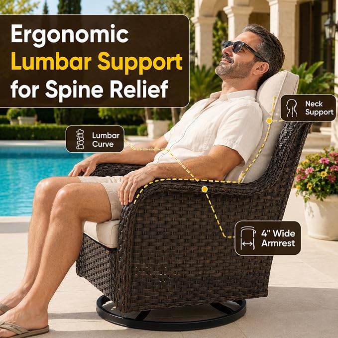 HUMMUH 3-Piece Swivel Rocking Rattan Chair Outdoor, Patio Bistro Furniture Conversation Set, Cushioned Wicker Chair with Glass Coffee Table (Brown, Beige)