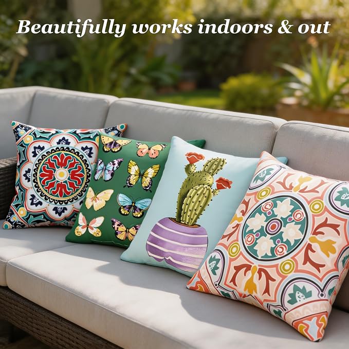 18" Outdoor Throw Pillows Set of 4, Waterproof & Fade Resistant Patio Furniture Pillows with Built-in Inserts, All-in-One Green Butterfly Print Design for Sofa, Patio or Backyard Relaxation