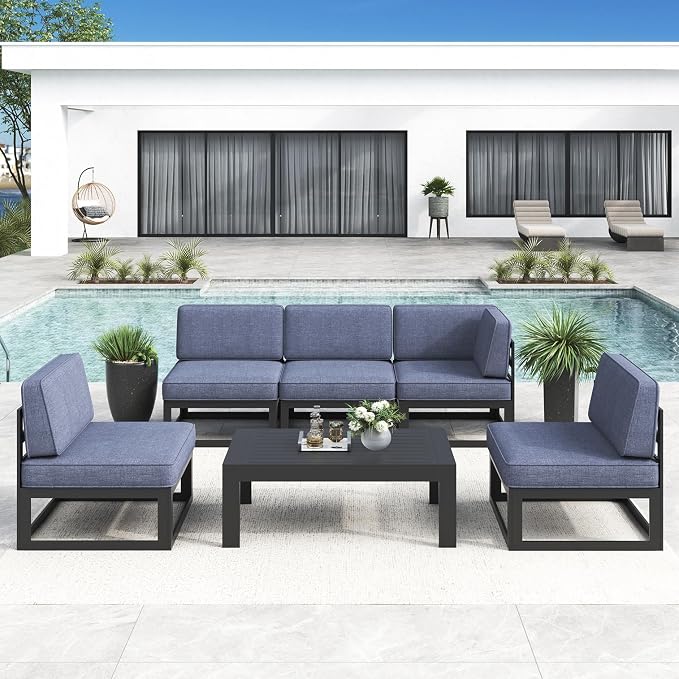 LayinSun Large Aluminum Patio Furniture Set, 6 Pieces Modern Outdoor Conversation Set Sectional Metal Sofa Set with Olefin Cushion
