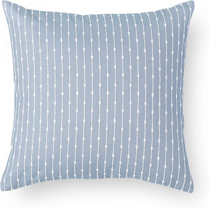 Coastal Linen Indoor Outdoor Throw Pillow Cover Only, 20"x20" Water Repellent for Patio, Backyard, Couch, Light Blue Embroidered Stripes