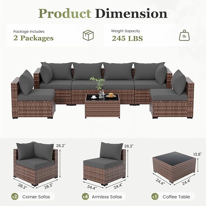 Amopatio Patio Furniture Sets, 7 Pieces Outdoor Rattan Sectional with Glass Table and Cushions,Wicker Patio Conversation Set for Outdoor Indoor Backyard Lawn Garden Porch (Grey)