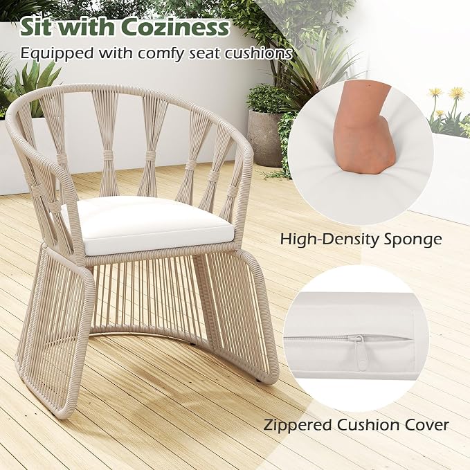Tangkula 3 Piece Patio Leisure Chair Set, Outdoor Rope-Woven Cushioned Armchairs & Table Set with Tempered Glass Tabletop, for Balcony, Porch, Backyard (Off White)