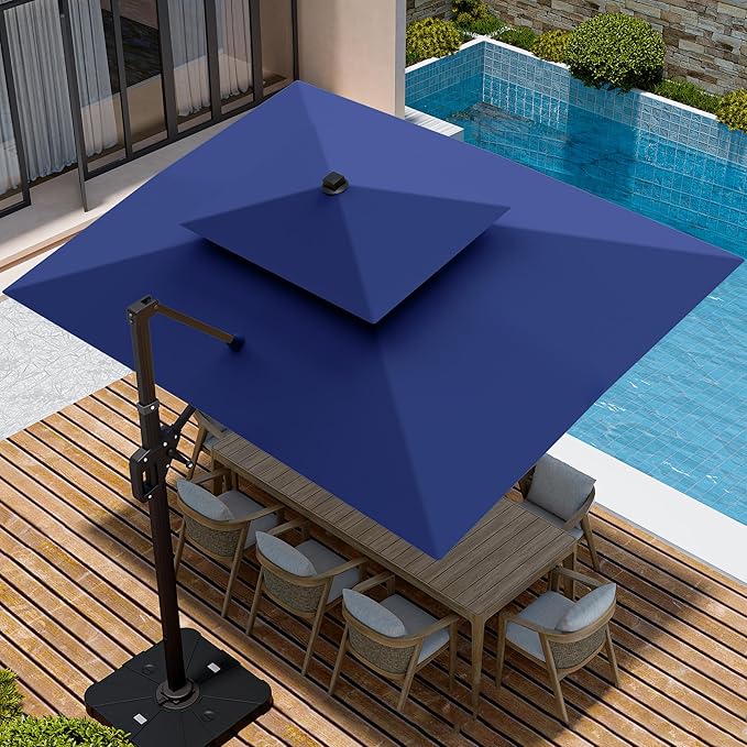 9' X 12' Cantilever Patio Umbrella with Base Included Double Top Rectangular Outdoor Large Offset Umbrellas with 7 Tilts Adjustable 360°Rotation for Deck Pool Garden Backyard, Navy