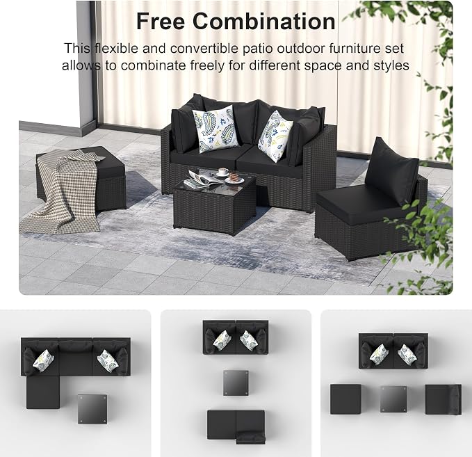 GOJOOASIS Patio Furniture Set Outdoor Sectional Sofa with Ottoman Wicker Couch Rattan Modular Seating Conversation Sets Porch Decor for Backyard, Balcony, Garden (Black)