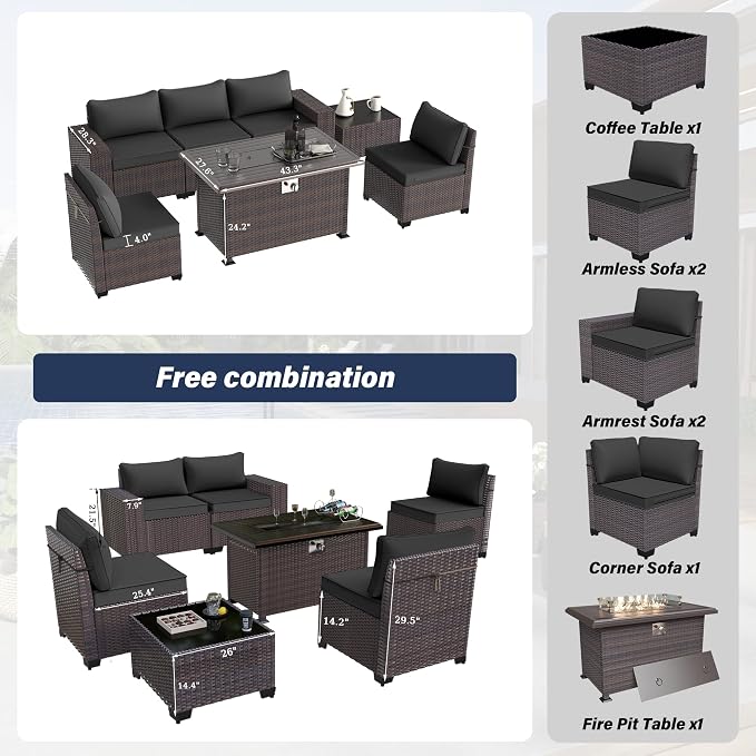 Kurapika 7 Pieces Patio Furniture Set, Rattan Wicker Outdoor Conversation Sets w/43in Propane Fire Pit Table and 4 Inch Cushion(Black)