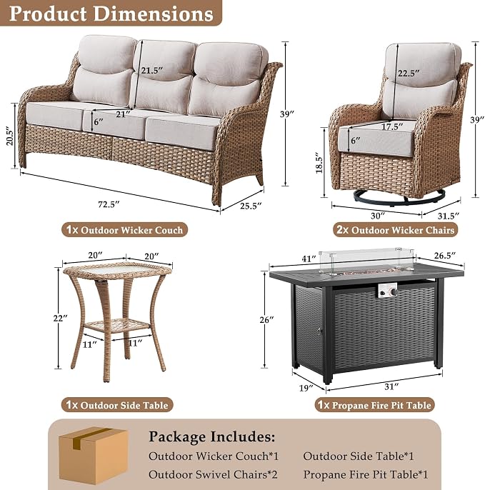 Luxury High Back Patio Furniture Set with 6-Inch Thick Cushions, 5-Pieces Outdoor Furniture with Swivel Chairs Fire Pit, Wicker Conversation Set for Porch, Balcony, Deck and Yard, Yellow/Beige