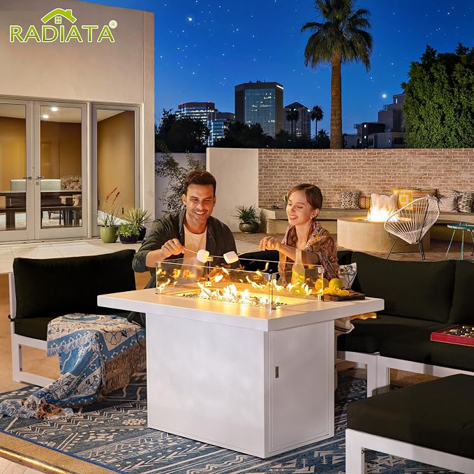 RADIATA 7 Piece L-Shaped Oversized Modern Aluminum Patio Furniture Set, All Weather Modular Sectional Sofa with Fire Pit Table, 500 lbs Heavy Duty Comfortable Outdoor Couch for Backyard Deck, Black