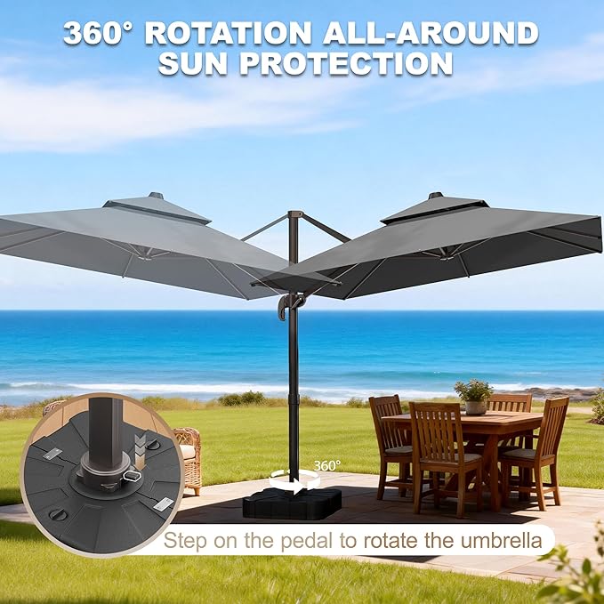 10x10Ft Patio Umbrella Outdoor Cantilever Rectangle Umbrella with Base Included, 6-Level Tilt & 360° Rotation Offset Umbrella for Garden, Deck, Pool(Grey)