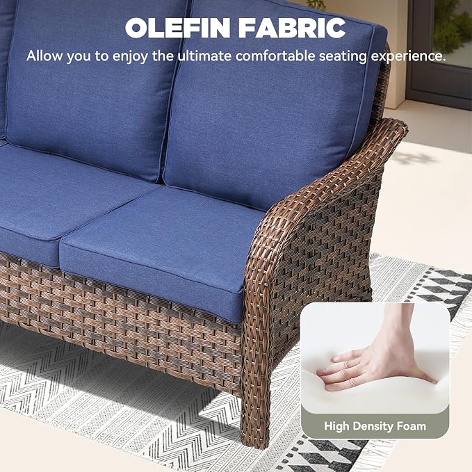 3 PCS Patio Furniture Set, Outdoor Wicker Loveseat with 2 Ottomans, 4-Inch Thick Olefin Cushions & Curved Armrests, 300 lbs Capacity Rattan Sofa Set for Porch, Balcony, Backyard, Blue