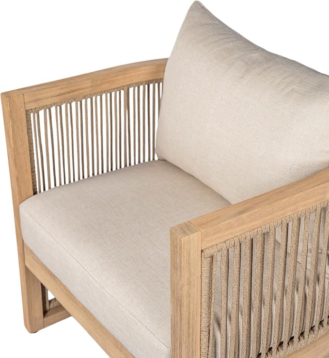 Christopher Knight Home 4-Piece Acacia Wood Patio Furniture Set, Mid-Century Modern Outdoor Conversation Set with Loveseat, Curved Club Chairs, Cushions & MgO Fire Pit for Backyard, Light Teak+White