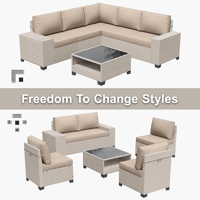 6-Piece Outdoor Patio Furniture Set, Modular Sectional Sofa Set with Glass Coffee Table and Cushions, Wicker Outdoor Couch Conversation Sets, Khaki