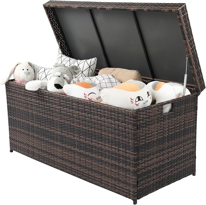 Outdoor Wicker Patio Deck Storage Box, 132-Gal Rattan Pool Storage Box with Lid, Garden Deck Bin Storage Bench Deck Box for Storing Tools, Accessories and Toys (132 Gallon, Brown)