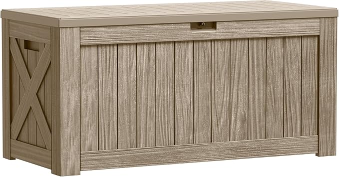 Greesum Outdoor Storage Box 120 Gallon Storage Bin with Lid for Patio Furniture, Garden Tools, Pool Supplies, Lockable, Waterproof and UV Resistant, Coffee