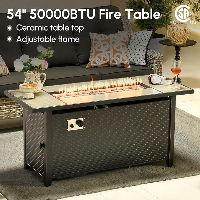 9 Pcs Outdoor Sectional Patio Furniture Set with Fire Pit Table and Swivel Rocking Chairs - All Weather Wicker Modular Outside Sectional Couch,Patio Seating Outdoor Conversation Sets,Black