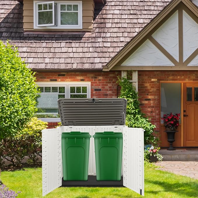 VINGLI Outdoor Horizontal Storage Shed Waterproof with 34 Cubic Feet Storage Space, 50” x 29” x 41” Patio Storage Cabinets for Garbage Cans, Bike, Tools， Deck Box for Yard, Porch, Garden, White