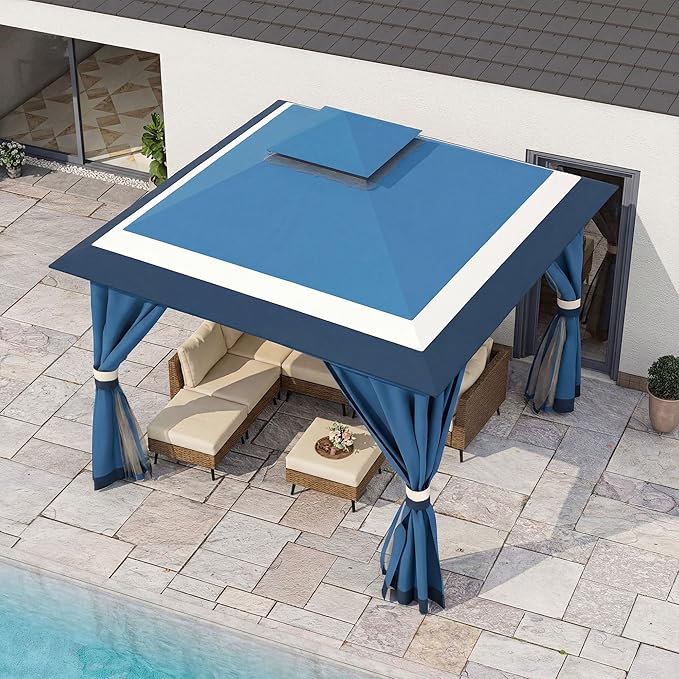 LAUSAINT HOME Patio Gazebo 10'x10', Outdoor Heavy Duty Party Tent Shelter with Double Roofs, Mosquito Nettings and Privacy Screens for Backyard, Garden, Lawn, Steel Blue