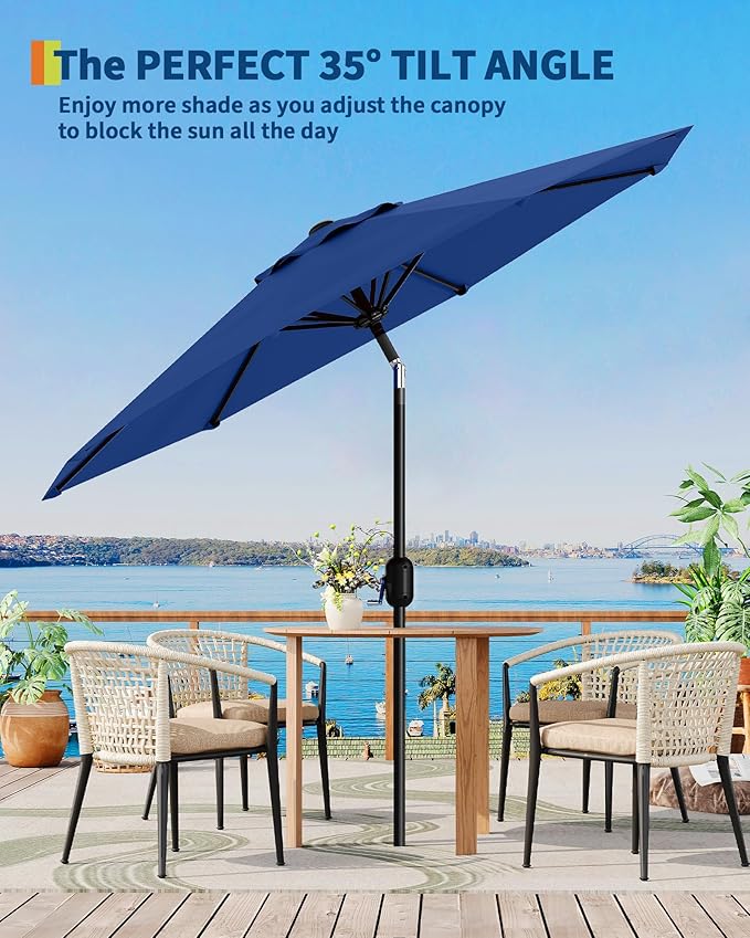 GarveeLife 9 ft Patio Umbrella, Outdoor Table Market Umbrella with Push Button Tilt and Crank, 8 Sturdy Ribs UV Protection Waterproof for Garden, Deck, Backyard, Pool (Navy Blue)