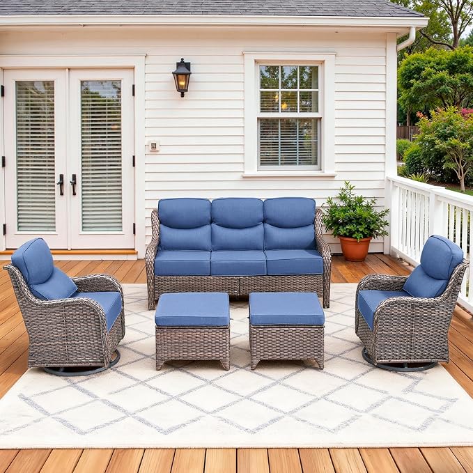 Luxury High Back Patio Furniture Set with 6-Inch Thick Cushions, 5-Pieces Outdoor Furniture with Swivel Chairs, Wicker Conversation Set for Porch, Balcony, Deck and Yard, Brown/Blue