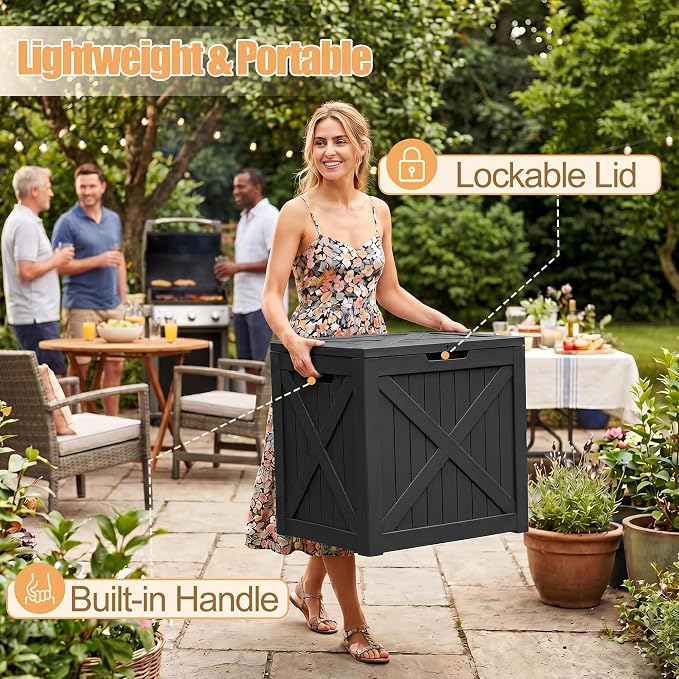 35 Gallon Waterproof Resin Deck Box, Outdoor Lock Toy Storage Bins Container for Patio Cushions Garden Tools, Delivery Box, Black