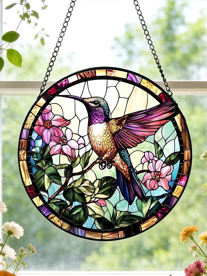 Hummingbird Stained Glass Suncatcher Window Hanging Flowers Gifts for Mom | 6.3in Garden Sun Catcher, Bird Pink Flowers Ornament for Door Home, Gift for Bird Lovers Grandma & Mother's Day Christmas
