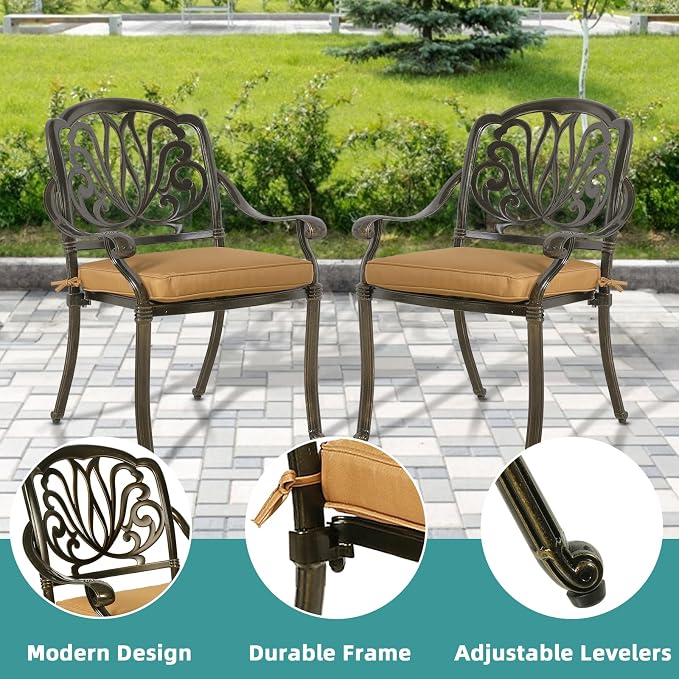 MEETWARM 5-Piece Outdoor Patio Dining Set, All-Weather Cast Aluminum Patio Conversation Set for Backyard Garden Deck with 4 Chairs, 4 Cushions and 35.4" Square Table, 2.2" Umbrella Hole