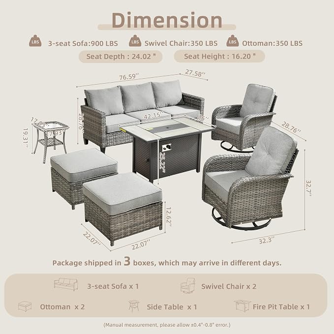 CAODOC 7 Pieces Outdoor Furniture,Patio Furniture with 42" Fire Pit Table,Wicker Conversation Set for Balcony,Deck,Pool and Backyard(Dark Grey)