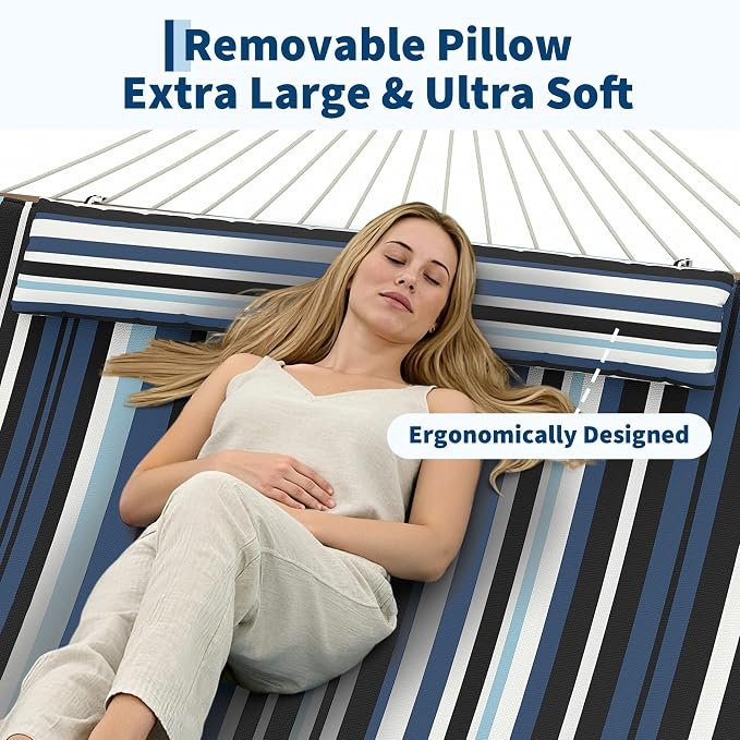 2 Person Outdoor Hammock with Stand - Cotton Rope & Polyester Pad - Adjustable Steel Frame - Relaxing Patio, Garden, Beach Lounger - Dark & Light Blue Stripes