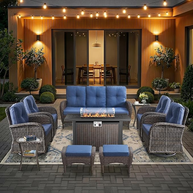 HUMMUH Patio Furniture Set -10 Piece Outdoor Furniture Set with Fire Pit Swivel Rocker Chairs for Porch,Backyard,Poolside