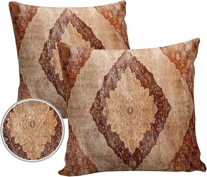 Outdoor Waterproof Pillow Covers Set of 2, Meddle Century Vintage Carpet Mural Pattern Brown Patio Throw Pillow Covers, Decorative Cushion Case for Couch Sofa Furniture Garden, 18x18 Inch