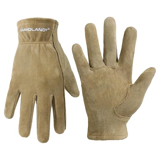 HANDLANDY Kids Leather Gardening Gloves, Kid Work Gloves, Khaki, L | Durable Soft Breathable Yard Work Cycling Outdoor Playing Glove for Age 2-9, for Children, Boys, Girls, Toddlers, Great Gift
